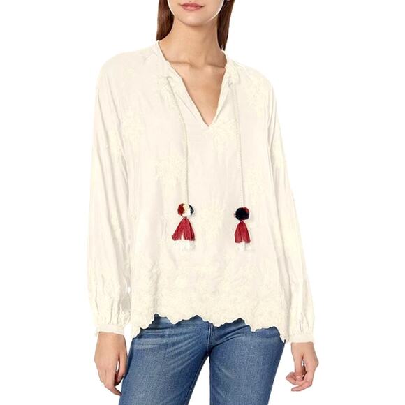 Johnny Was Jade Cream Embroidered Balloon Sleeve Blouse - Picture 1 of 6